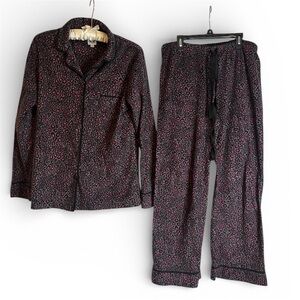 Anne Klein Womens Leopard Print Fleece Pajama Set M Black Pink Elastic Drawstrin